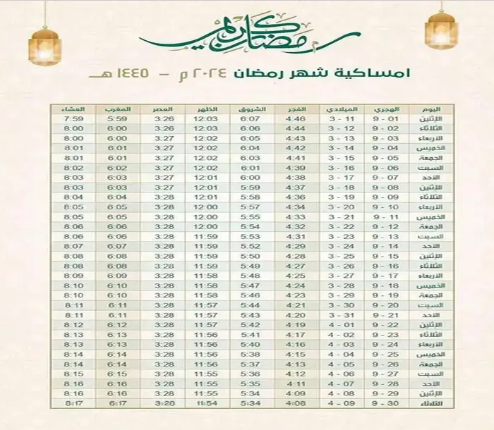 امساكية رمضان في الرياض 2024